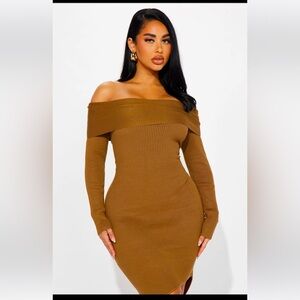 Sz. L Brown Off The Shoulder Sweater Dress EUC